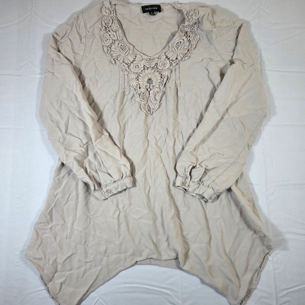 Spense Womens Beige Crochet Lace Neck Sharkbite Hem Tunic Top Long Sleeve Medium